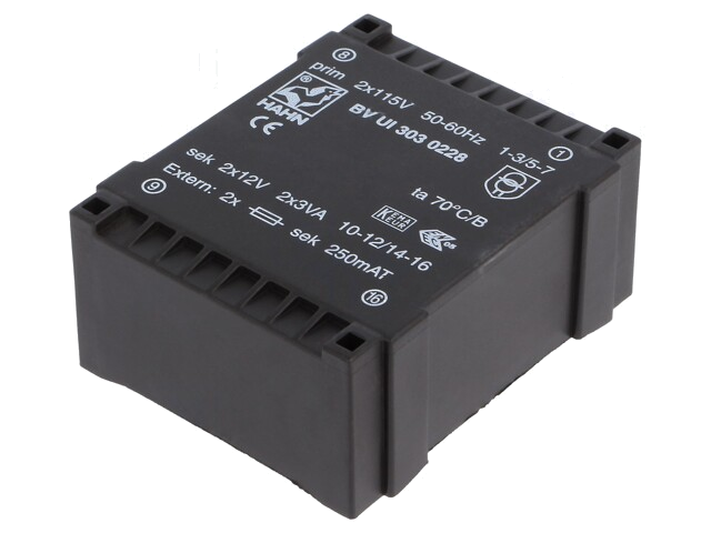 Transformator: ingegoten; 6VA; 115VACx2; 12V; 12V; 250mA; 250mA; PCB