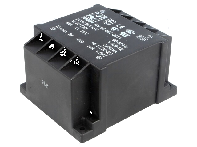 Transformator: ingegoten; 60VA; 115VACx2; 18V; 18V; 1666mA; 1666mA