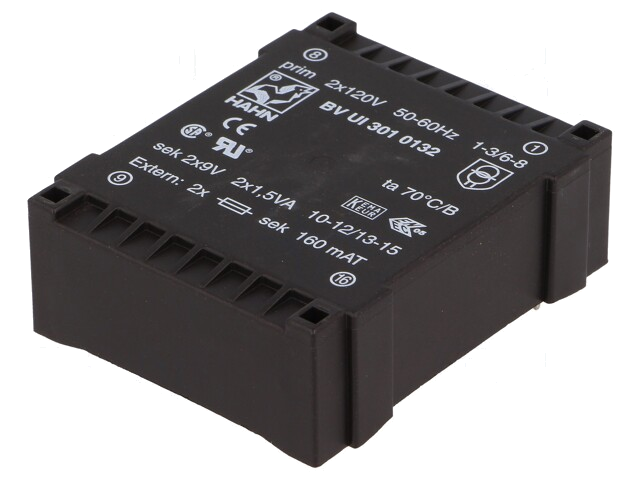 Transformator: ingegoten; 3VA; 115VACx2; 9V; 9V; 167mA; 167mA; PCB