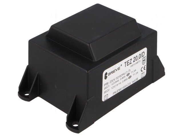 Transformator: ingegoten; 20VA; 230VAC; 12V; 12V; 833,3mA; 833,3mA