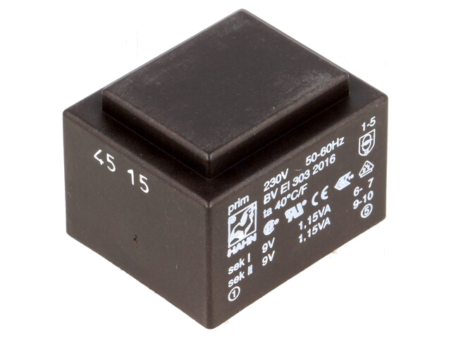 Transformator: ingegoten; 2,3VA; 230VAC; 9V; 9V; 127mA; 127mA; PCB