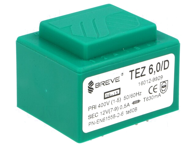 Transformator: ingegoten; 6VA; 400VAC; 12V; 500mA; PCB; IP00; A: 38mm