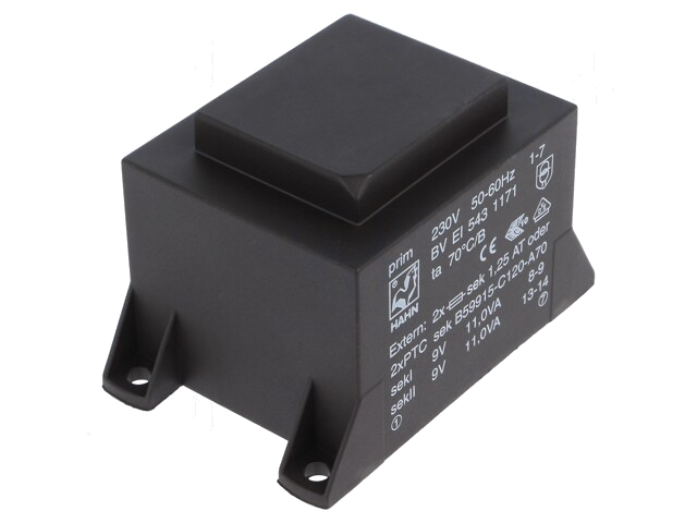 Transformator: ingegoten; 22VA; 230VAC; 9V; 9V; 1223mA; 1223mA; PCB
