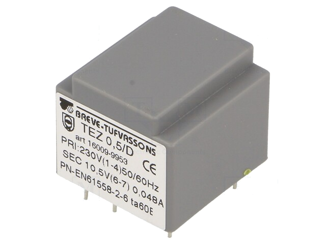 Transformator: ingegoten; 0,5VA; 230VAC; 10,5V; 47,6mA; PCB; IP00
