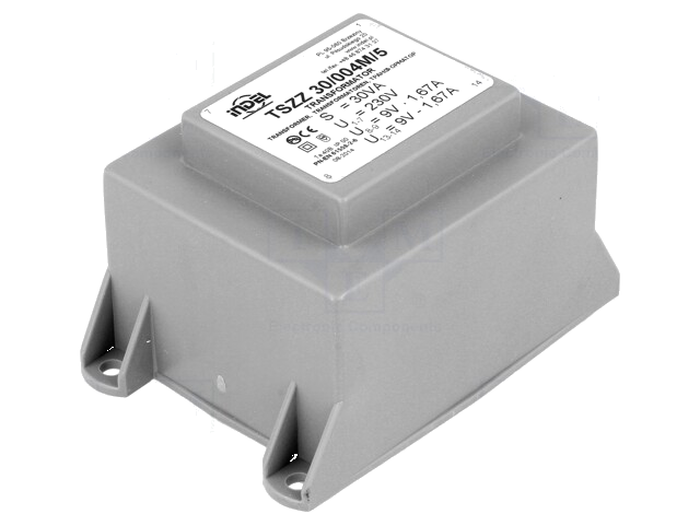 Transformator: ingegoten; 30VA; 230VAC; 9V; 9V; 1,66A; 1,66A; PCB