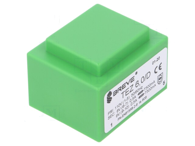 Transformator: ingegoten; 6VA; 110VAC; 6V; 6V; 500mA; 500mA; PCB