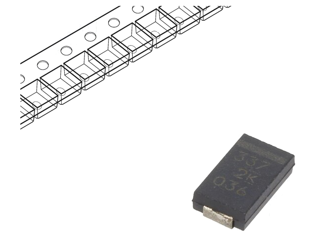 Condensator: polymeer; low ESR; 330uF; 2VDC; V; 2917; ESR: 9mΩ; SMD