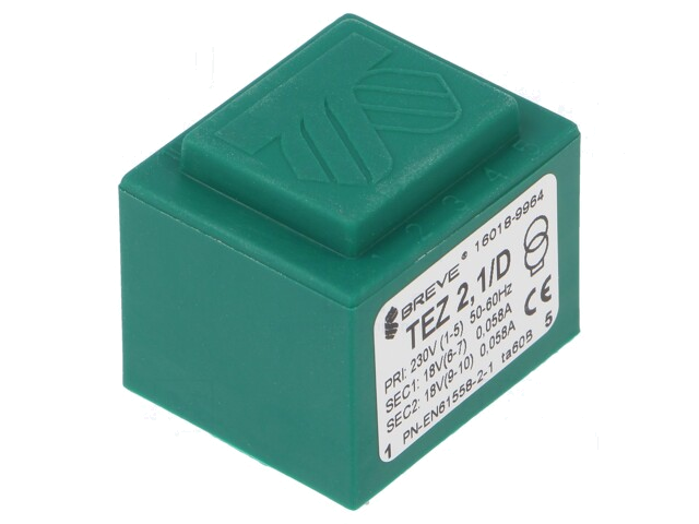Transformator: ingegoten; 2,1VA; 230VAC; 18V; 18V; 58mA; 58mA; PCB