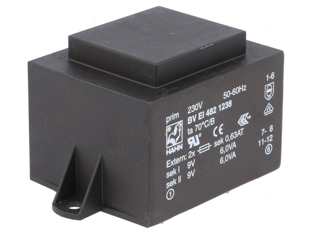 Transformator: ingegoten; 12VA; 230VAC; 9V; 9V; 667mA; 667mA; PCB