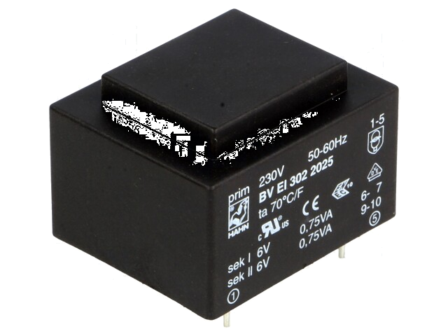 Transformator: ingegoten; 1,5VA; 230VAC; 6V; 6V; 125mA; 125mA; PCB