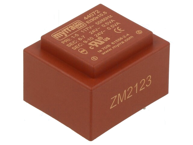 Transformator: ingegoten; 1VA; 117VAC; 24V; 24V; 21mA; 21mA; PCB