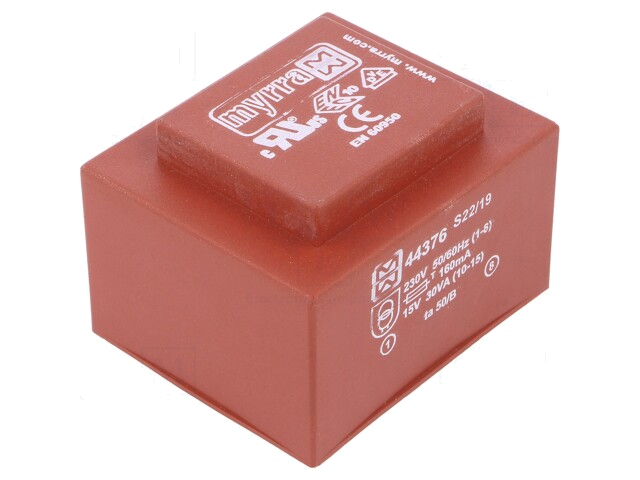 Transformator: ingegoten; 30VA; 230VAC; 15V; 2A; PCB; 70x59x48,75mm