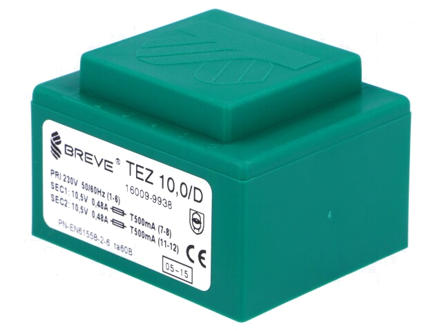 Transformator: ingegoten; 10VA; 230VAC; 10,5V; 10,5V; 476,1mA; PCB