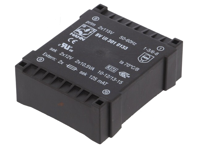 Transformator: ingegoten; 3VA; 115VACx2; 12V; 12V; 126mA; 126mA; PCB