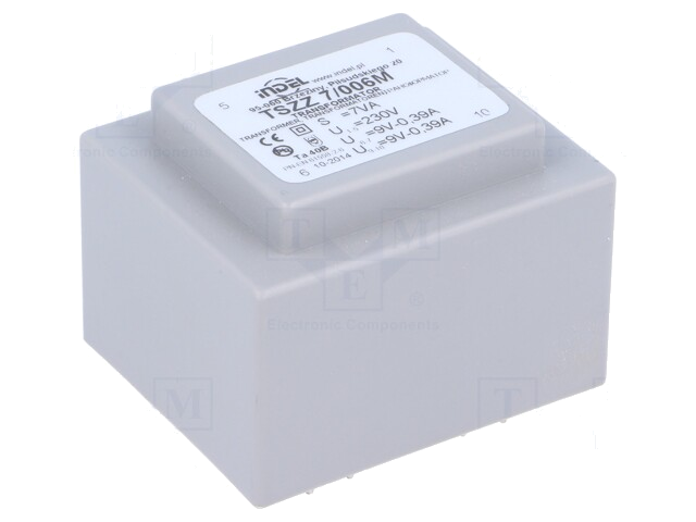 Transformator: ingegoten; 7VA; 230VAC; 9V; 9V; 380mA; 380mA; PCB