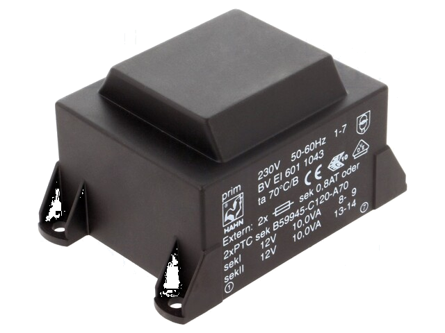 Transformator: ingegoten; 20VA; 230VAC; 12V; 12V; 834mA; 834mA; PCB