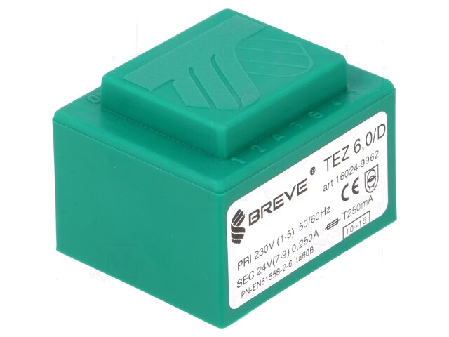 Transformator: ingegoten; 6VA; 230VAC; 24V; 250mA; PCB; IP00; A: 38mm