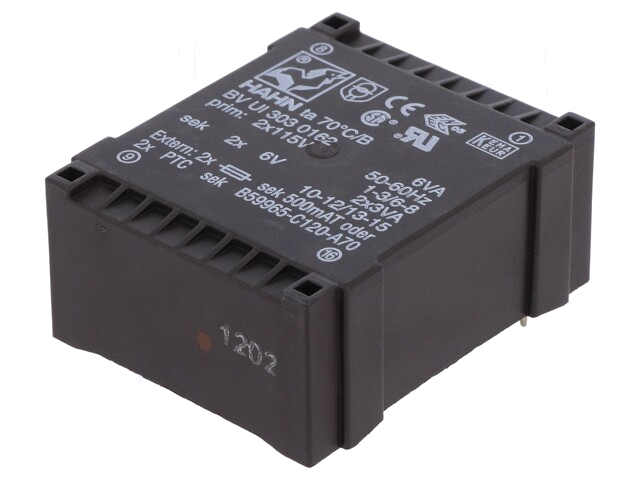 Transformator: ingegoten; 6VA; 115VACx2; 6V; 6V; 500mA; 500mA; PCB