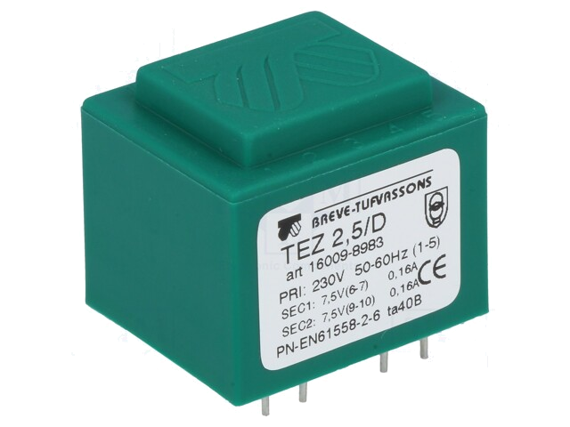 Transformator: ingegoten; 2,5VA; 230VAC; 7,5V; 7,5V; 166,6mA; PCB