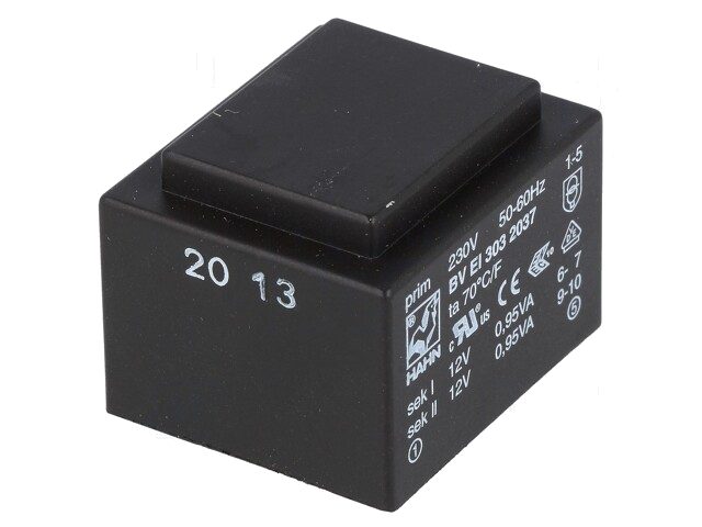 Transformator: ingegoten; 1,9VA; 230VAC; 12V; 12V; 79mA; 79mA; PCB