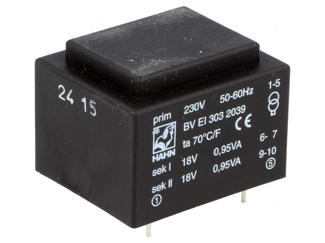 Transformator: ingegoten; 1,9VA; 230VAC; 18V; 18V; 52mA; 52mA; PCB