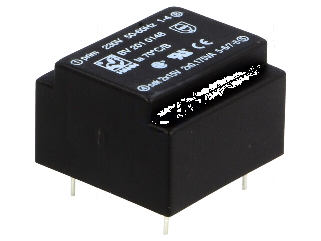 Transformator: ingegoten; 0,35VA; 230VAC; 15V; 15V; 12mA; 12mA; PCB
