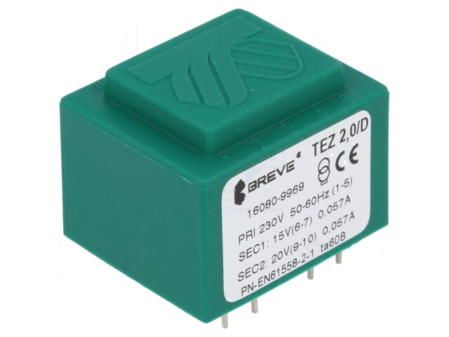 Transformator: ingegoten; 2VA; 230VAC; 15V; 20V; PCB; IP00; A: 28mm