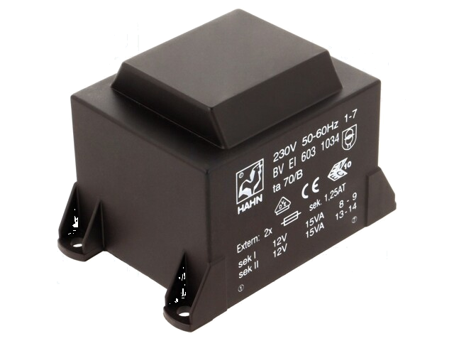 Transformator: ingegoten; 30VA; 230VAC; 12V; 12V; 1,25A; 1,25A; PCB