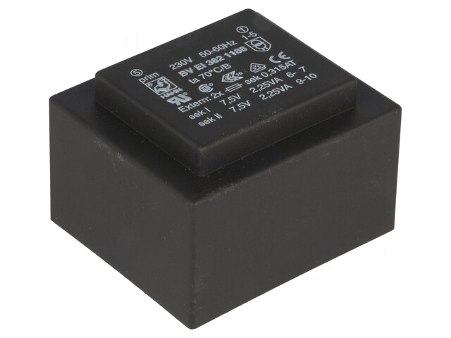 Transformator: ingegoten; 4,5VA; 230VAC; 7,5V; 7,5V; 300mA; 300mA