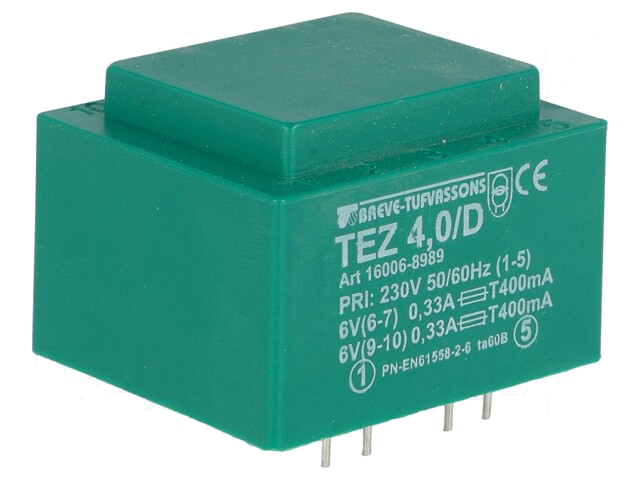 Transformator: ingegoten; 4VA; 230VAC; 6V; 6V; 333,3mA; 333,3mA; PCB