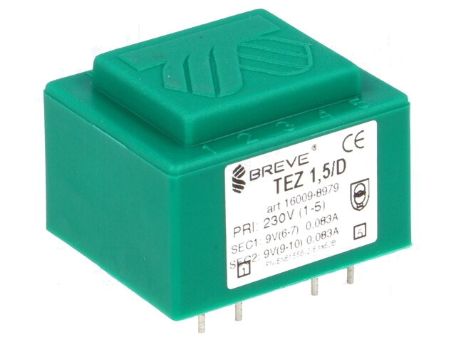 Transformator: ingegoten; 1,5VA; 230VAC; 9V; 9V; 83mA; 83mA; PCB