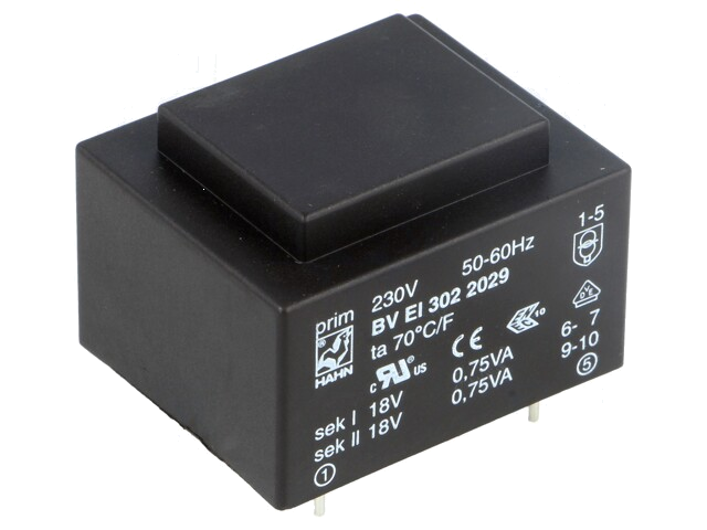 Transformator: ingegoten; 1,5VA; 230VAC; 18V; 18V; 41mA; 41mA; PCB