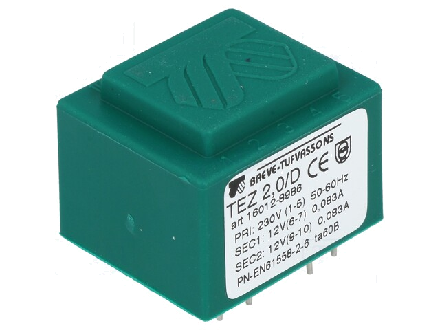 Transformator: ingegoten; 2VA; 230VAC; 12V; 12V; 83,3mA; 83,3mA; PCB