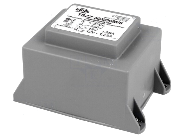 Transformator: ingegoten; 30VA; 230VAC; 12V; 12V; 1,25A; 1,25A; PCB