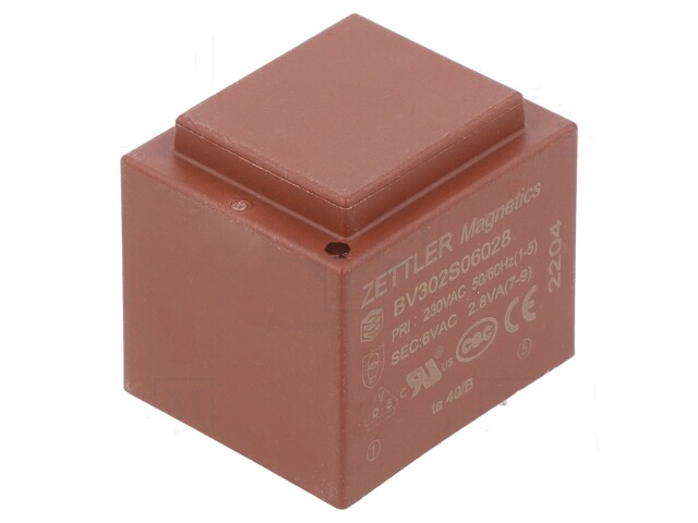 Transformator: ingegoten; 2,8VA; 230VAC; 6V; PCB; 32,8x27,8x29,8mm