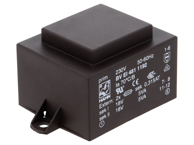 Transformator: ingegoten; 10VA; 230VAC; 18V; 18V; 278mA; 278mA; PCB